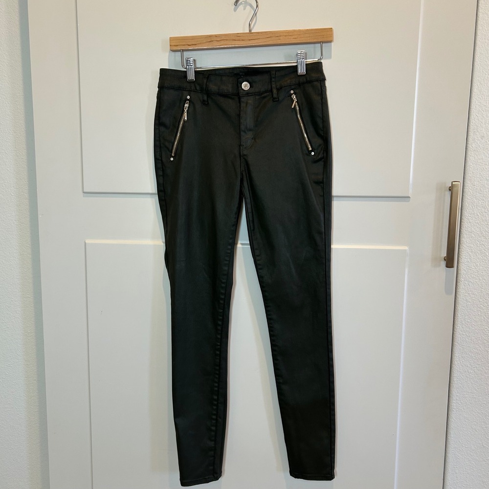 White‎ House Black Market Black Coated Skinny Jeans Mid Rise Moto Zipper Size 4